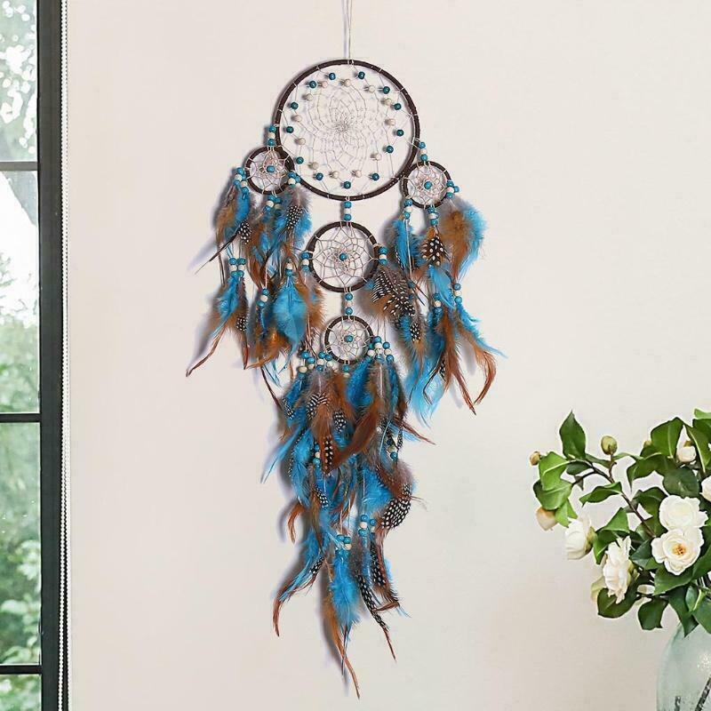 5 Circles Large Dream Catchers with Turquoises Feather Boho Wall Hanging Decor