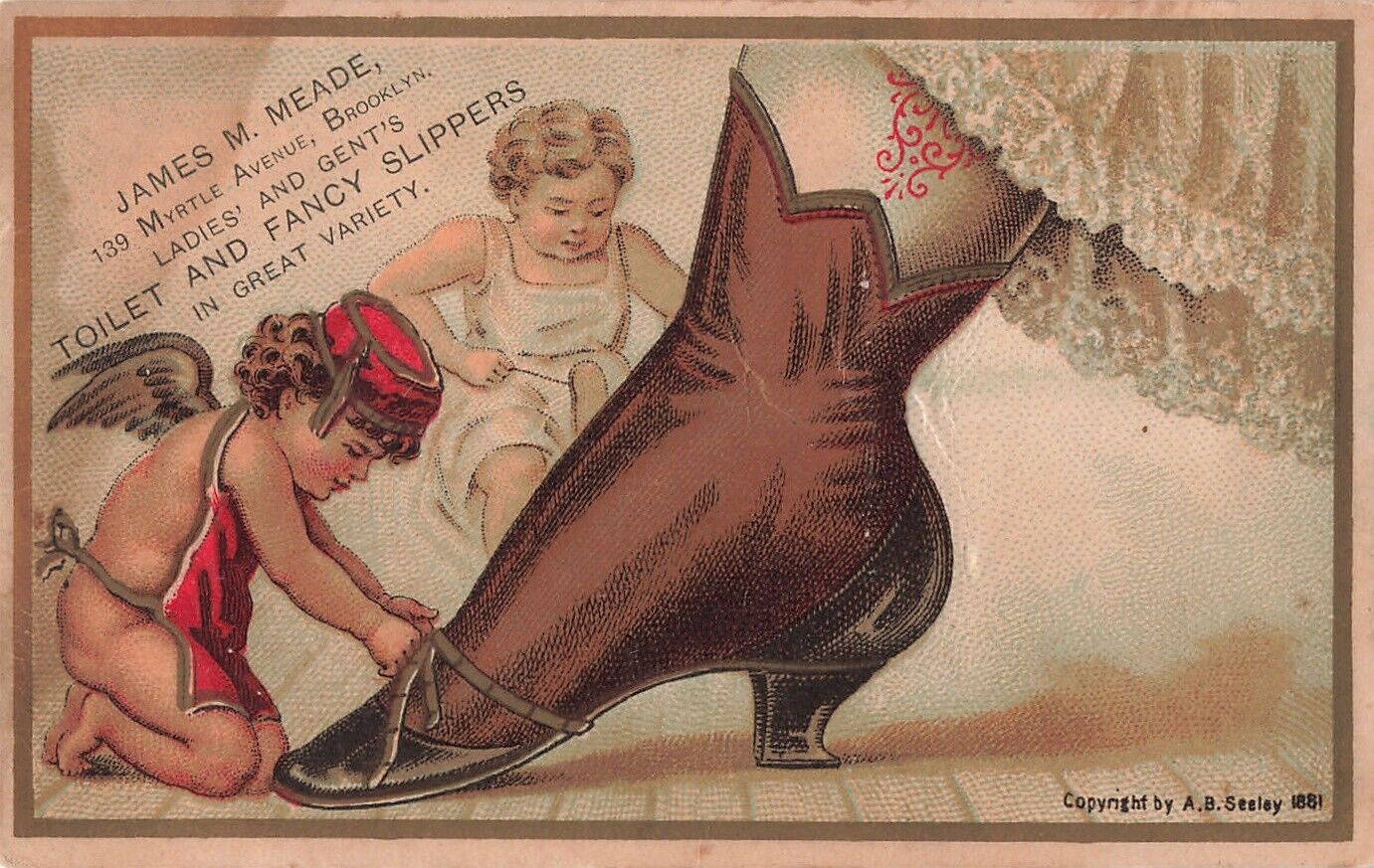 1881 AB Seeley Trade Card Meade Brooklyn NY Angel Cobbler Fairy Slippers *Ab8c