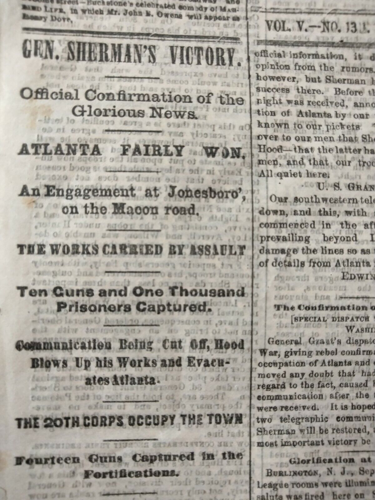 Civil War Newspapers- LINCOLN\'S CONGRATULATIONS TO SHERMAN ON CAPTURE OF ATLANTA