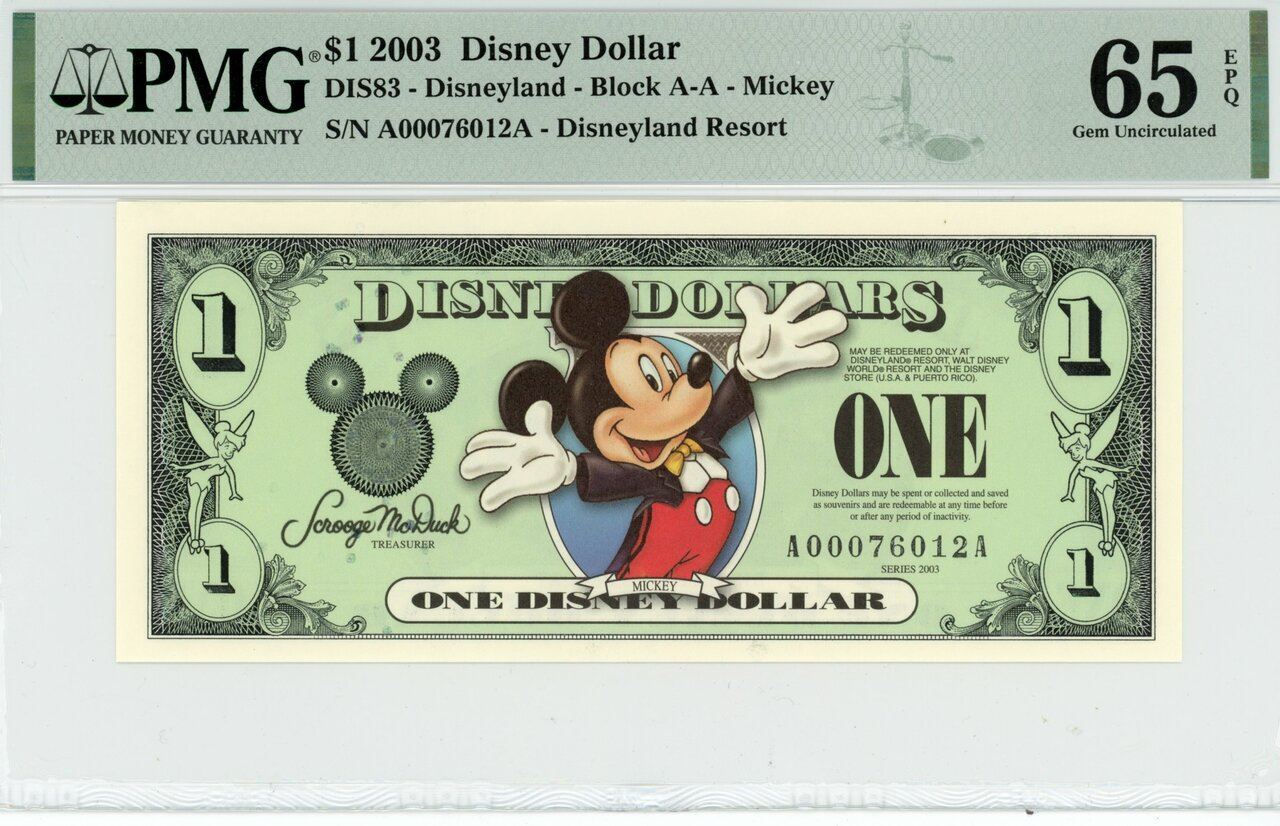 2003 $1 Disney Dollar Mickey Disneyland Resort PMG 65 EPQ (DIS83)
