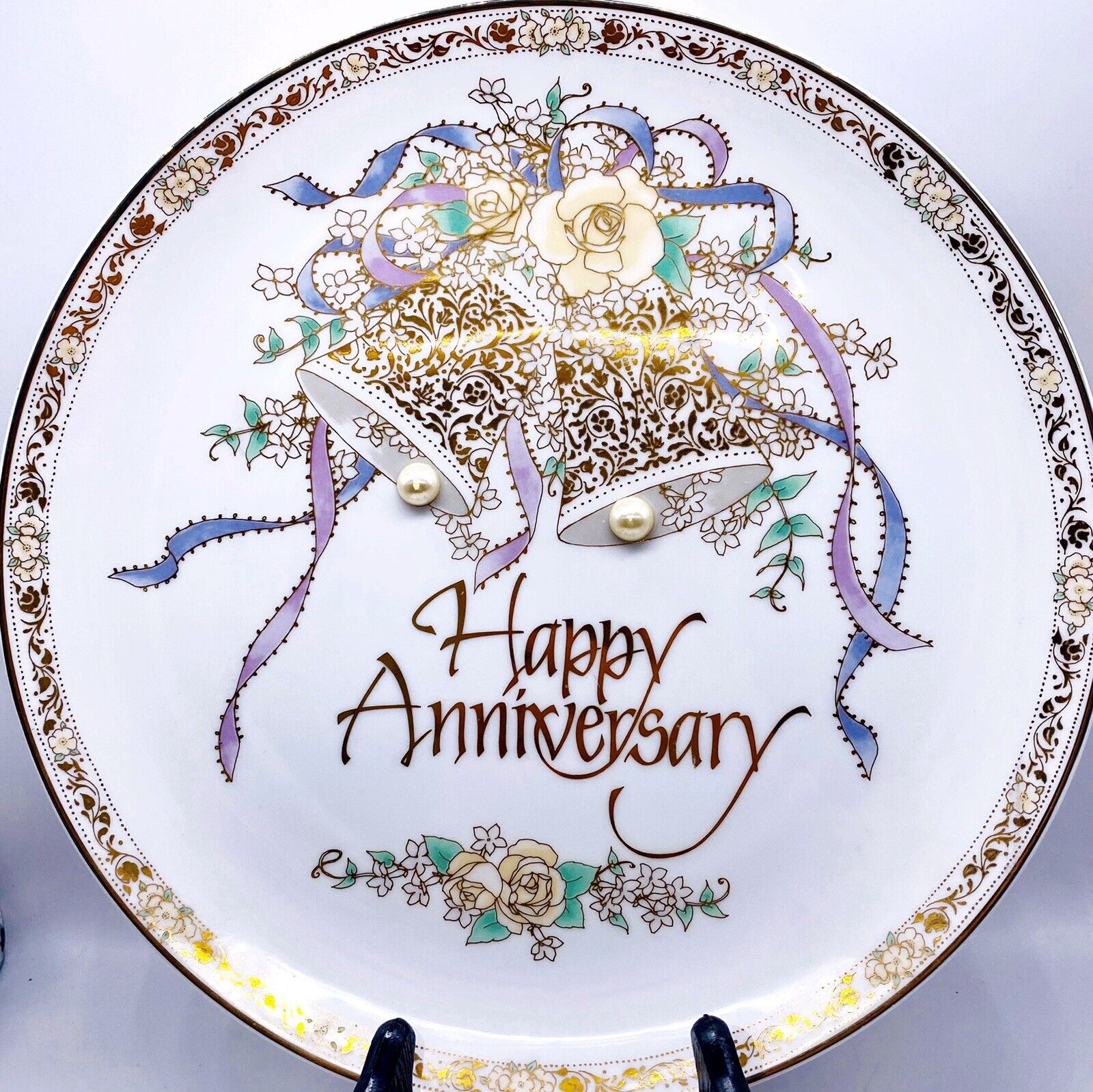 Vtg Happy Anniversary Porcelain Plate Japan EHW Enterprises Floral Bells 10.25”