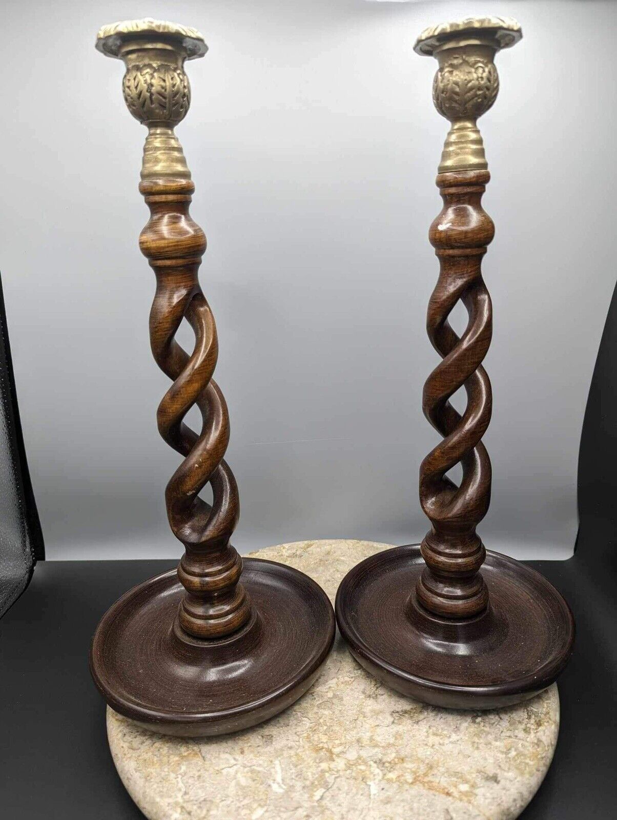 Vintage MCM Pair Of Wood And Brass Candlestick Holders 14 1/2” X 6 1/2”