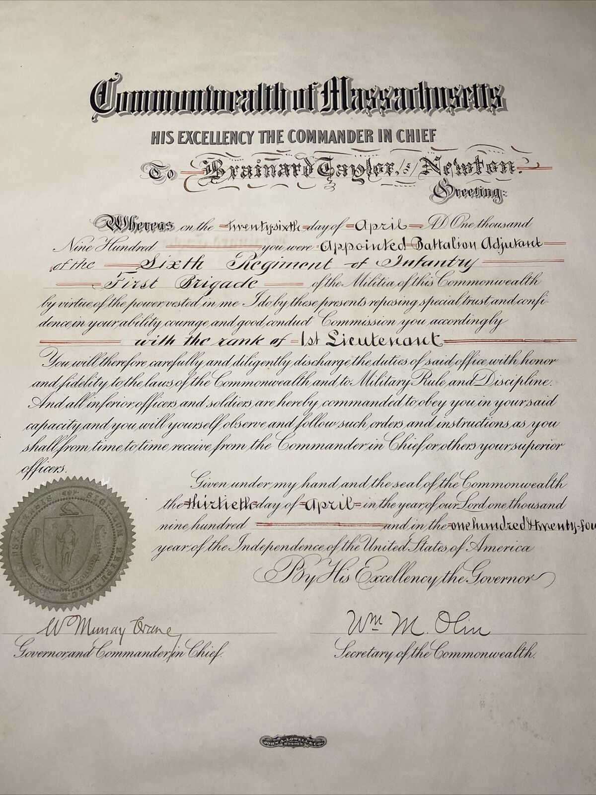Rare 1900 Massachusetts 6th Regiment Signed Governor Senator Winthrop M. Crane