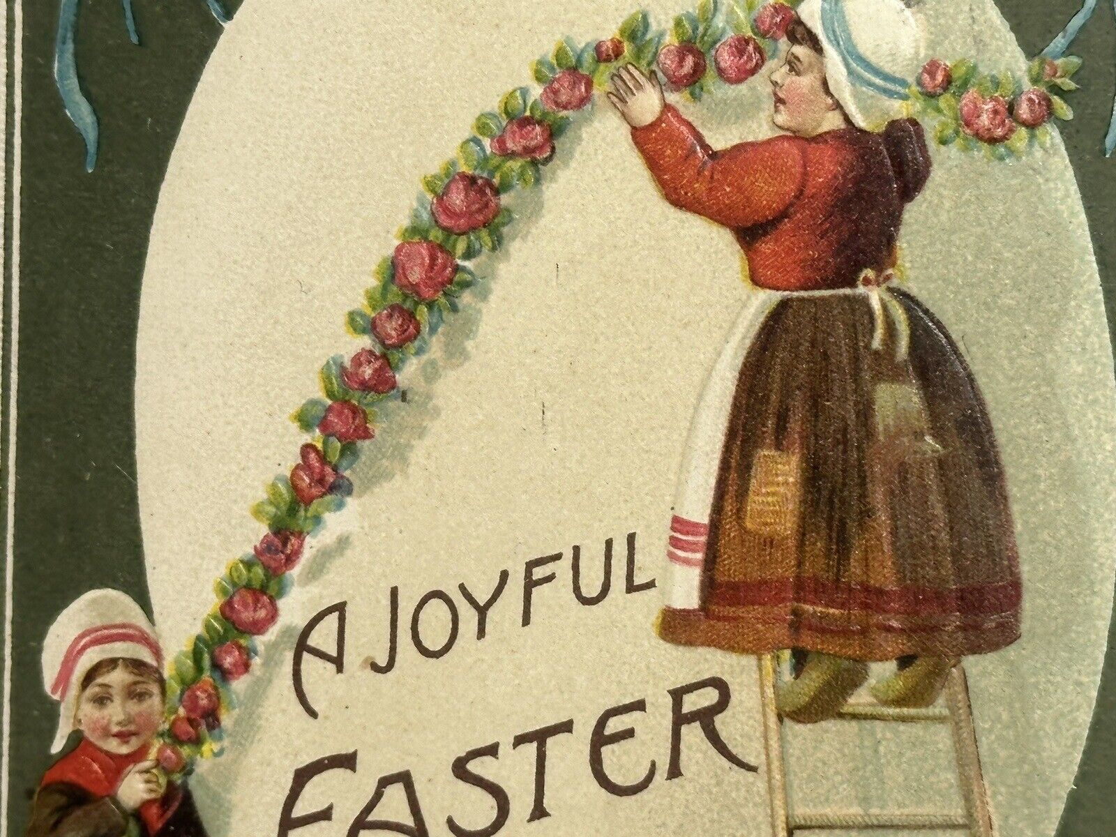 Easter Postcard Joyful Dutch Children Decorate Large Egg Roses Garland Ladder
