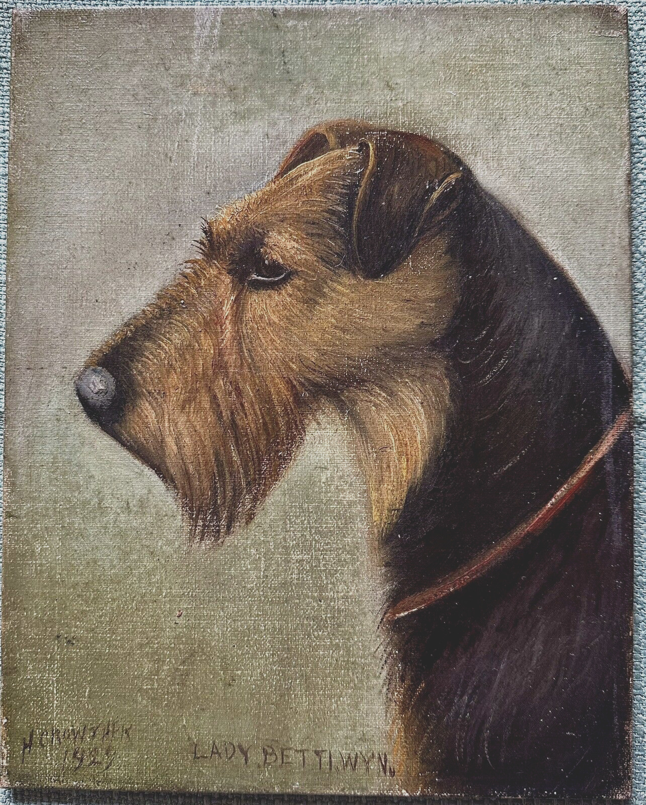 Antique Welsh Terrier dog oil painting Henry Crowther 1929  \