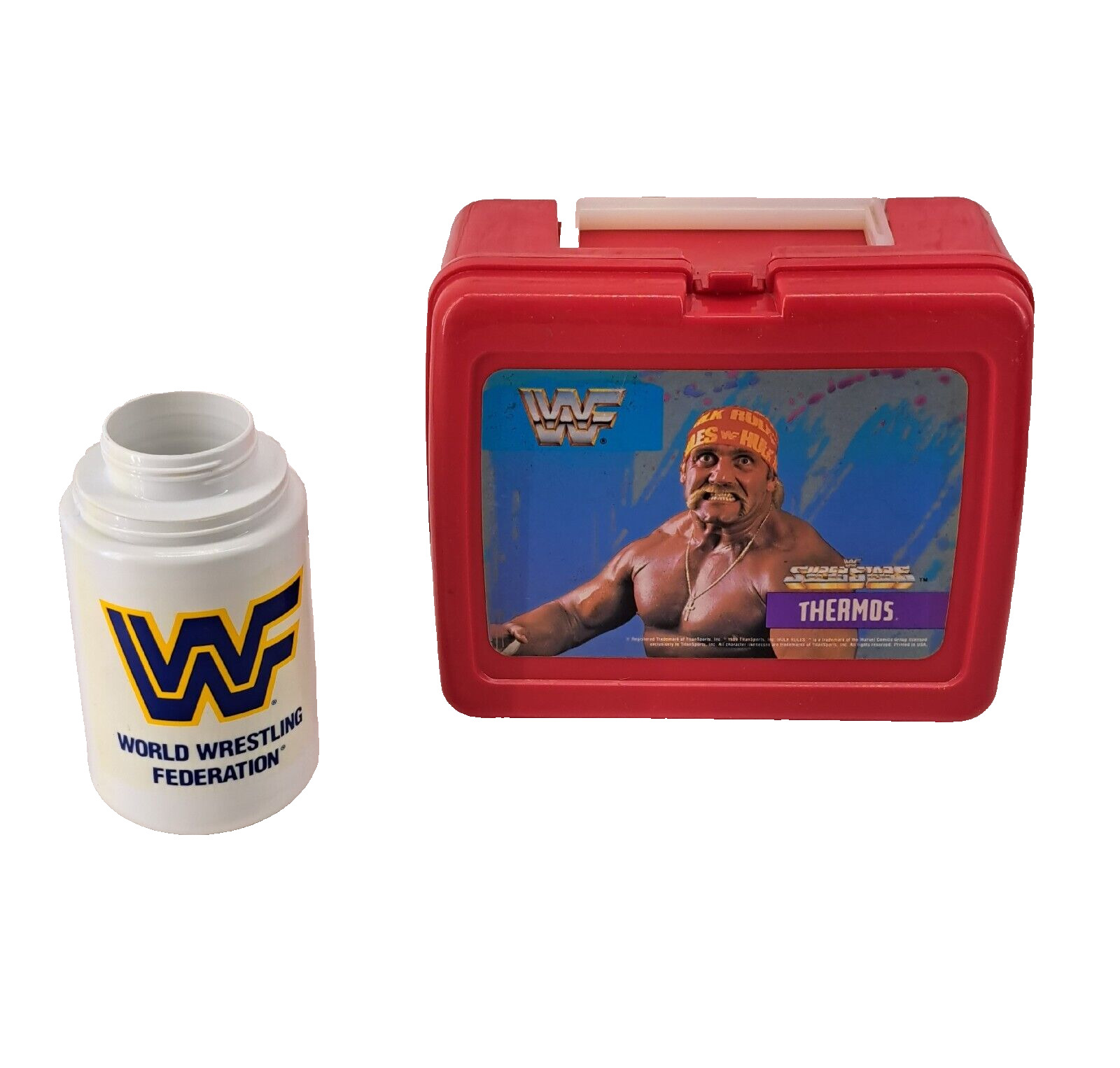 Vintage 1989 Titan Sports Hulk Hogan WWF Red Lunchbox With White Thermos NO LID