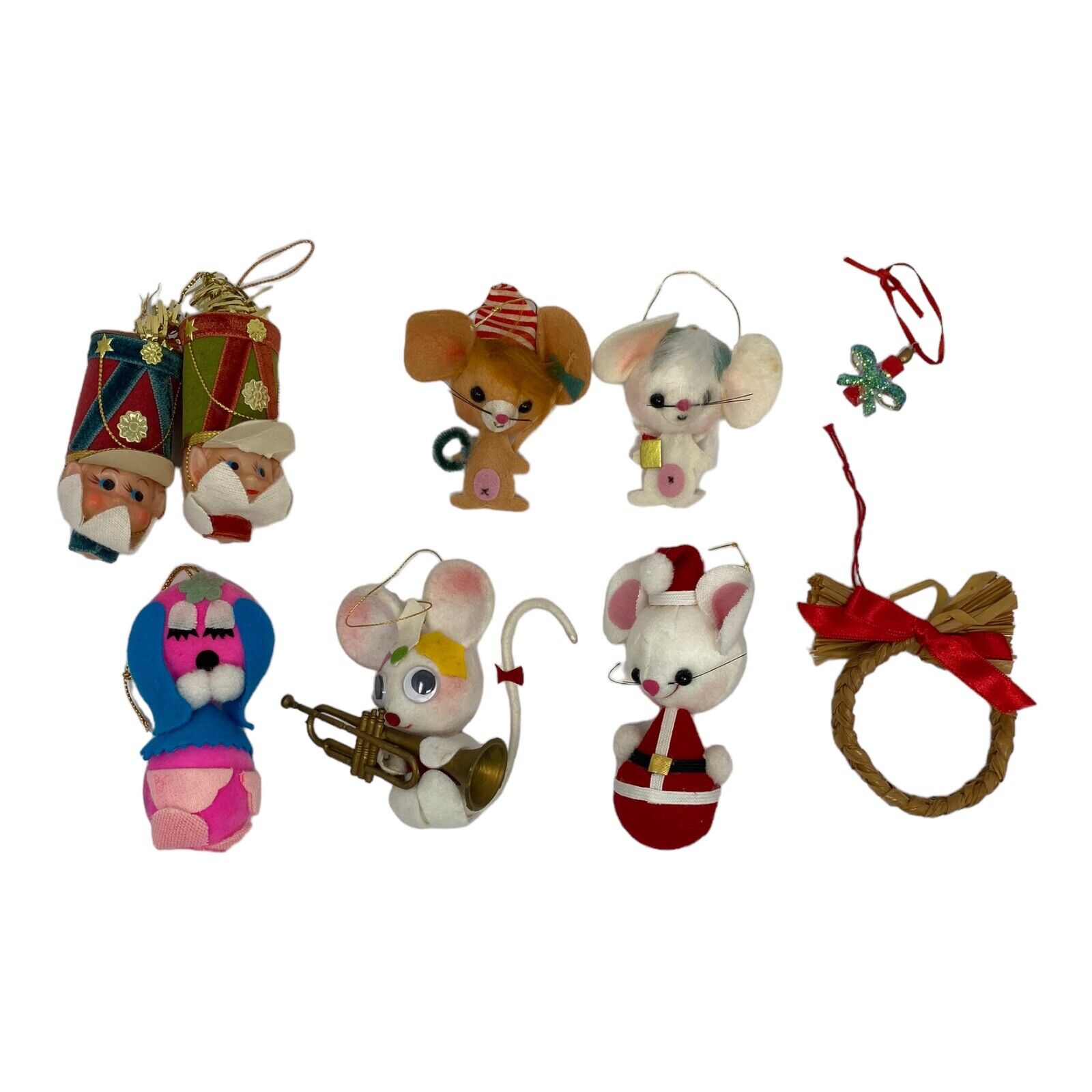Vintage Lot of Felt Flock Mice Soldiers Dog Christmas Ornaments Japan