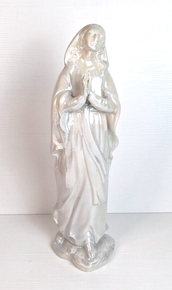 Large Iridescent White Ceramic Praying Virgin Mary Figurine Statue 17\