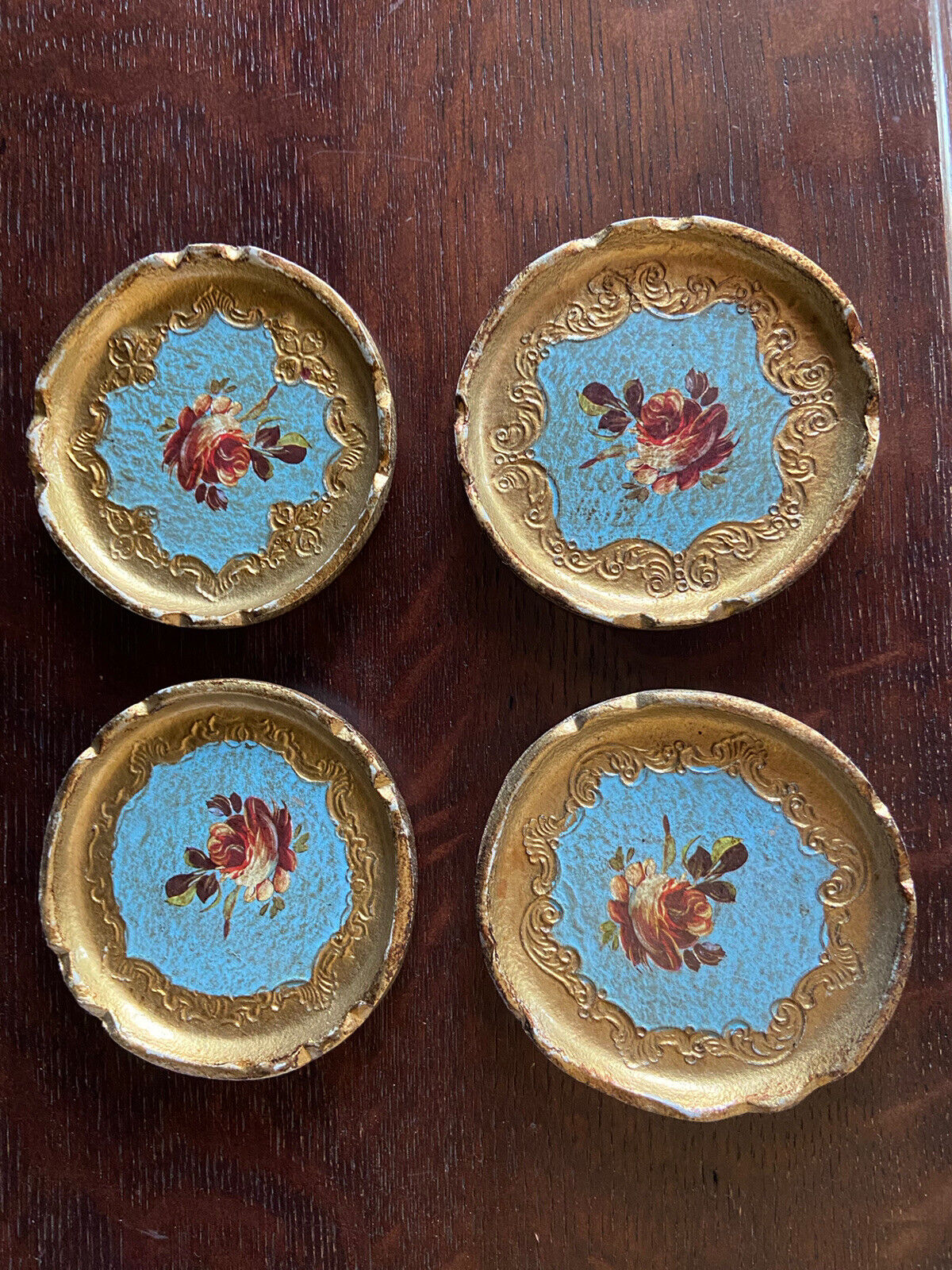 Vintage Italian French Blue & Gold, Pink Roses Coasters Tole trays