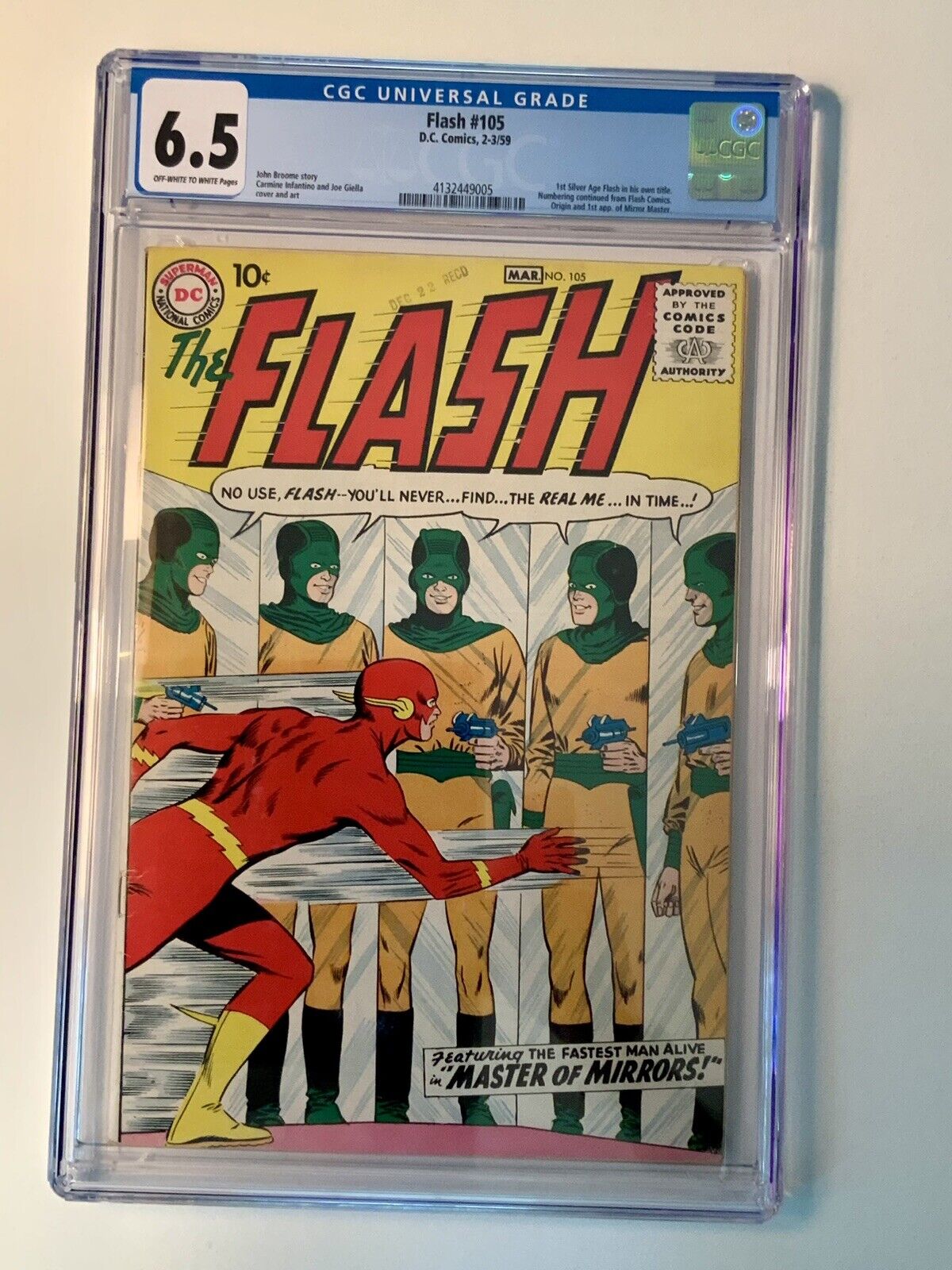 Flash #105 CGC 6.5 OW/W 1st Barry Allen In Flash Title; 1st App. Mirror Master