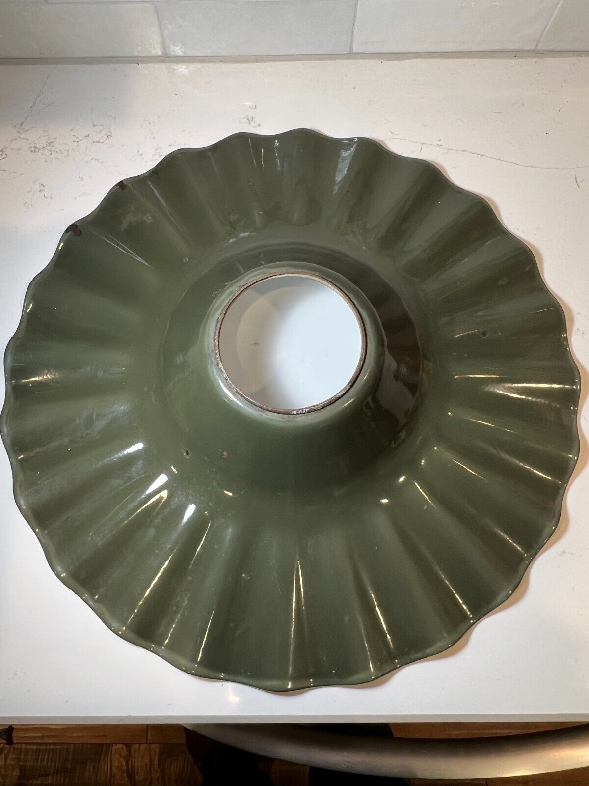 Antique Green Porcelain 20” Radial Wave Scalloped Street Light shade Nice