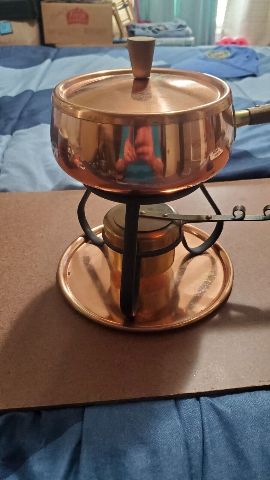 Vintage 1960\'s Japan Copper And Brass Fondue Skillet Warming Pot Sterno Cooker
