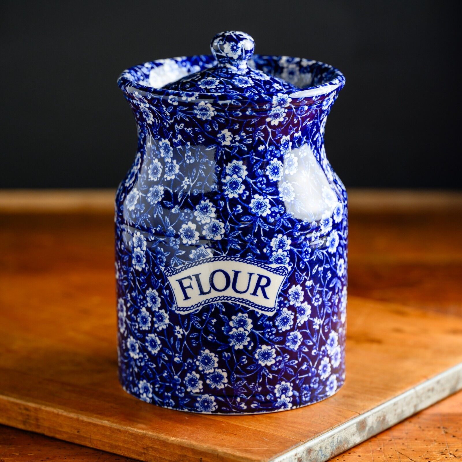 Vintage BURLEIGH Blue Calico LARGE Flour Canister RARE EXCELLENT England