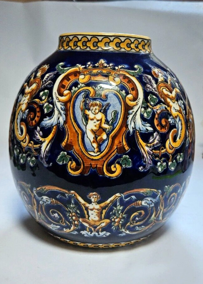 Vintage GIEN Faience Vase Blue Renaissance Pattern 1941-1950