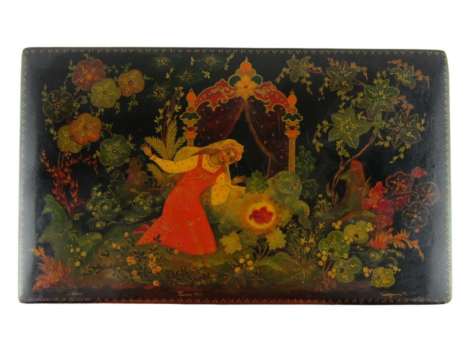 Vintage 1965 Large Scarlet Flower Russian Fairytale Lacquer Box Hand Painted