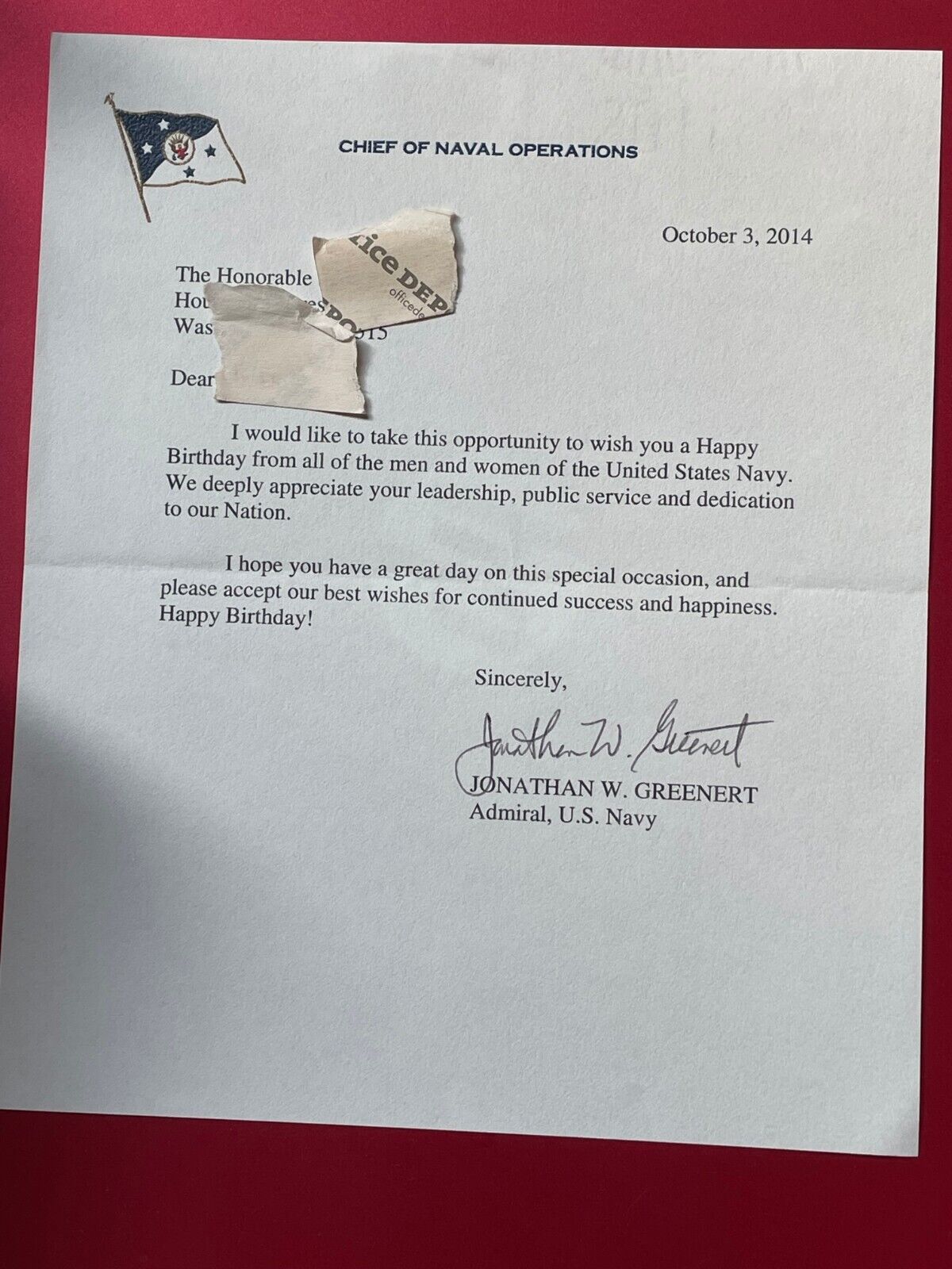 Admiral Jonathan Greenert Signed Letter to Member House of Representatives /JG2