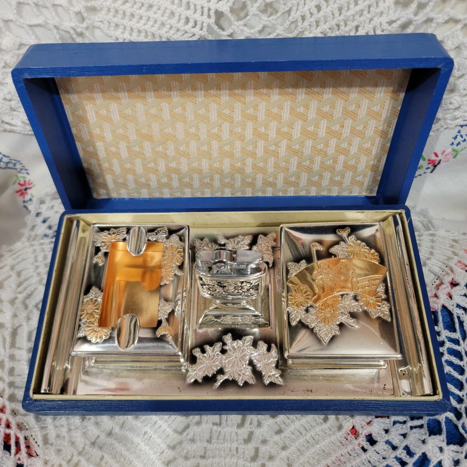 Vintage 1940s Silver Cigarette Coffee Table Set