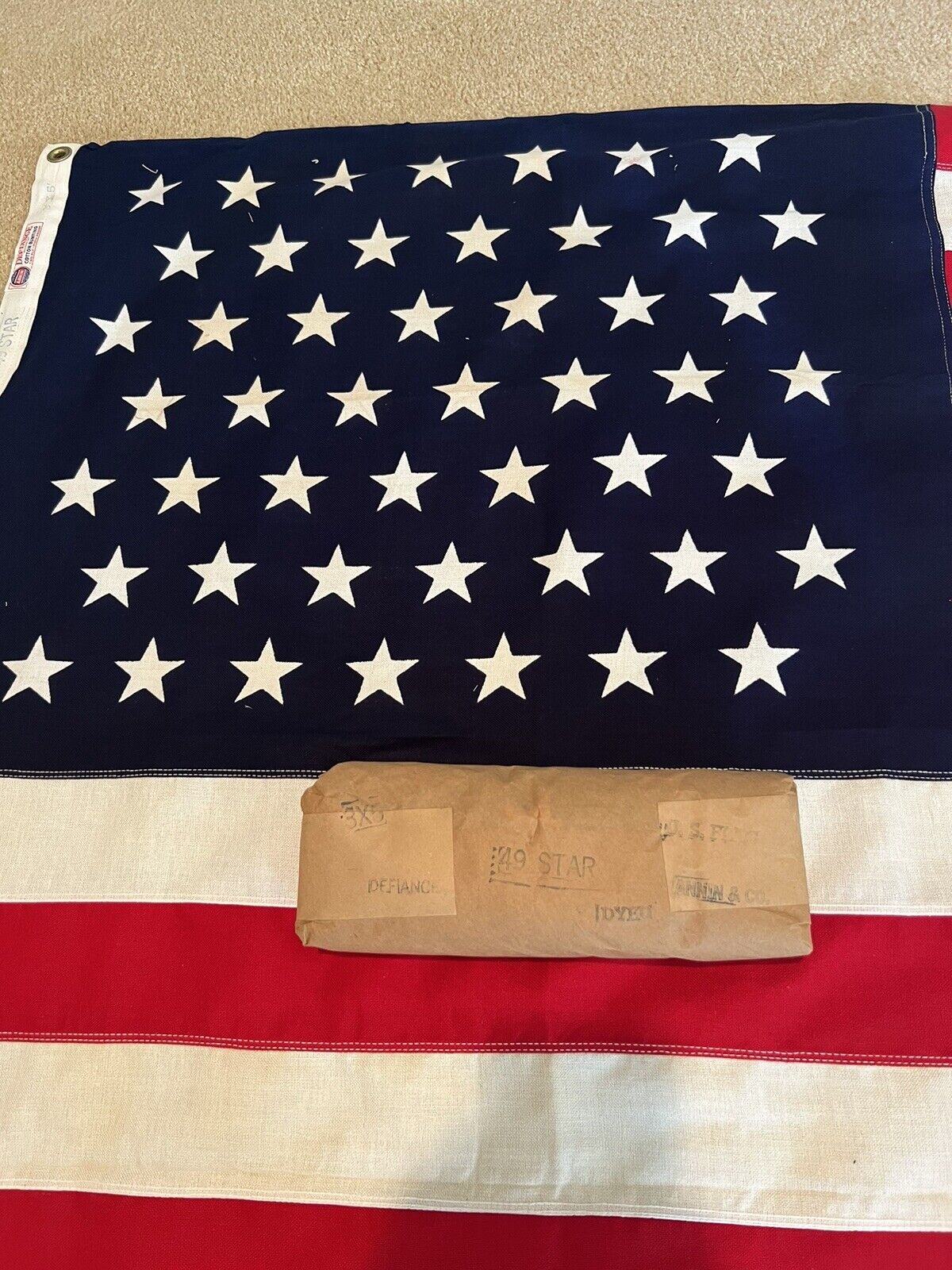 Rare 49 Star Original Defiance U.S. Flag Unopened In Package 1959 3’x5’