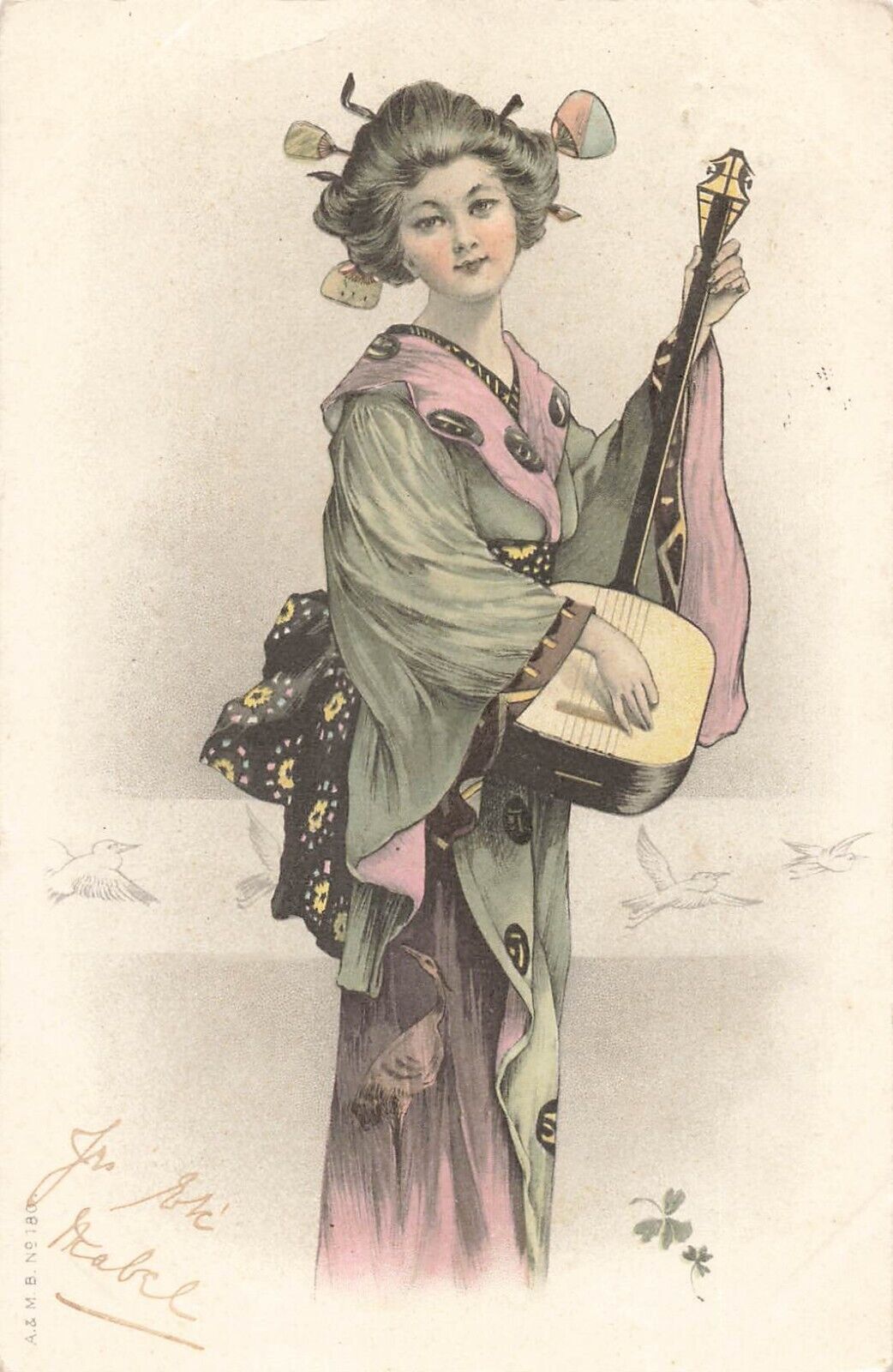 LP42 Woman Japanese Costume Playing Shamisen Woolstone Milton Series Postcard