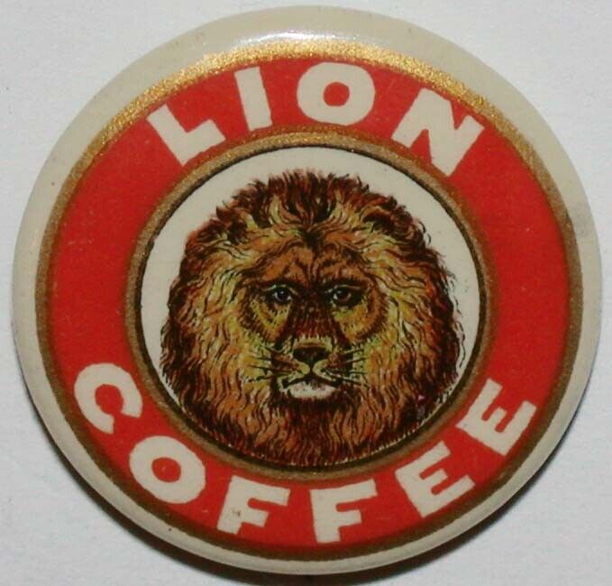 Vintage pinback pin LION COFFEE picturing the lion early one in n-mint condition