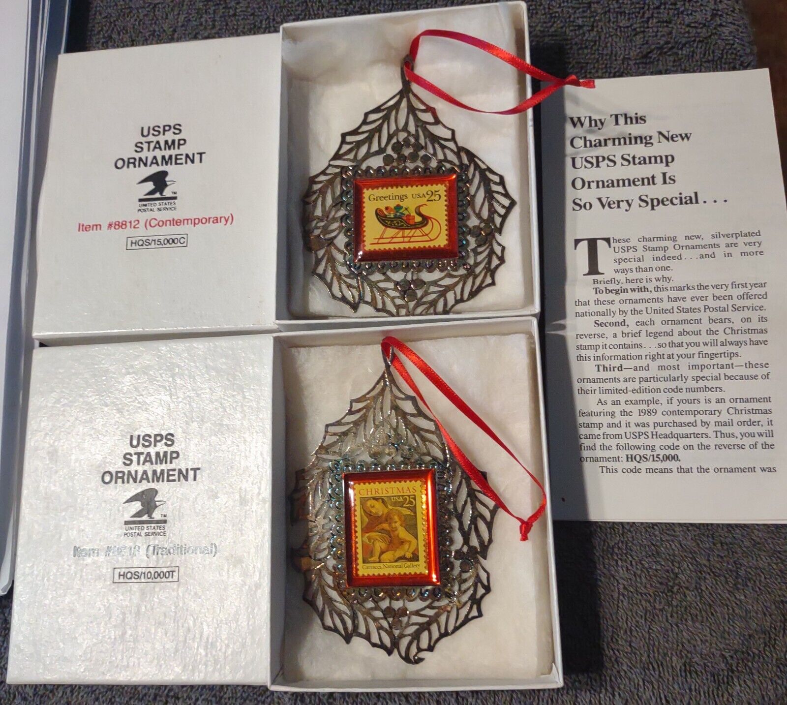 Vintage USPS 1989 STAMP XMAS ORNAMENTS TRADITIONAL#8813 & CONTEMPORARY #8812