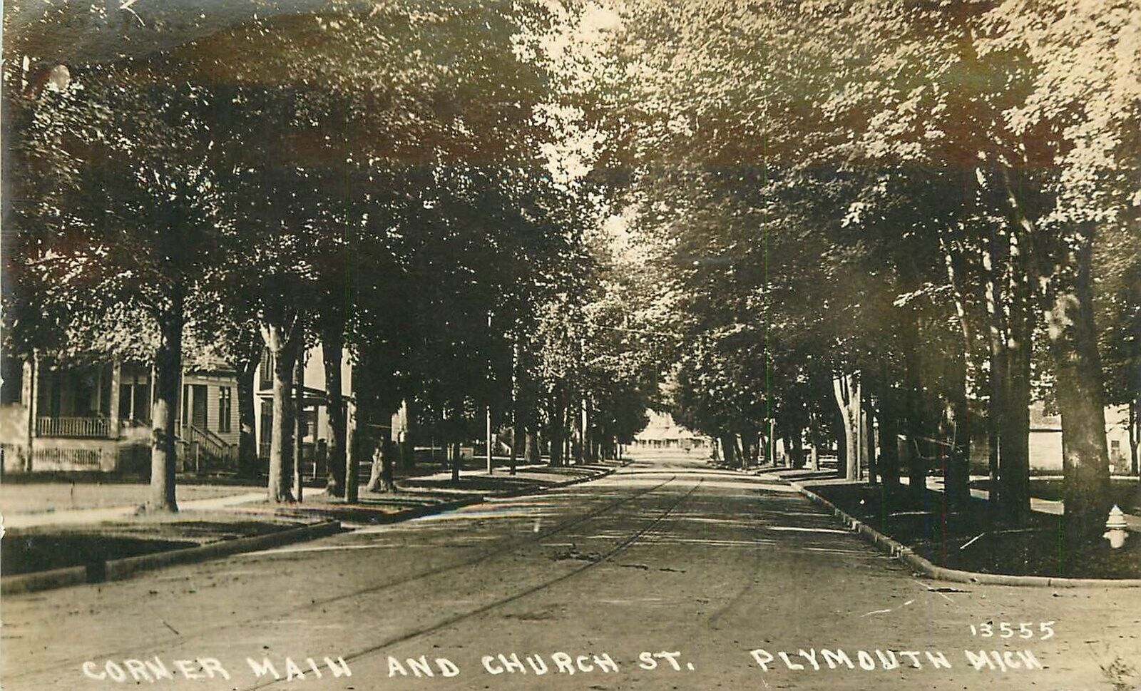 Postcard RPPC Michigan Plymouth Corner Main Church 1912 23-5384