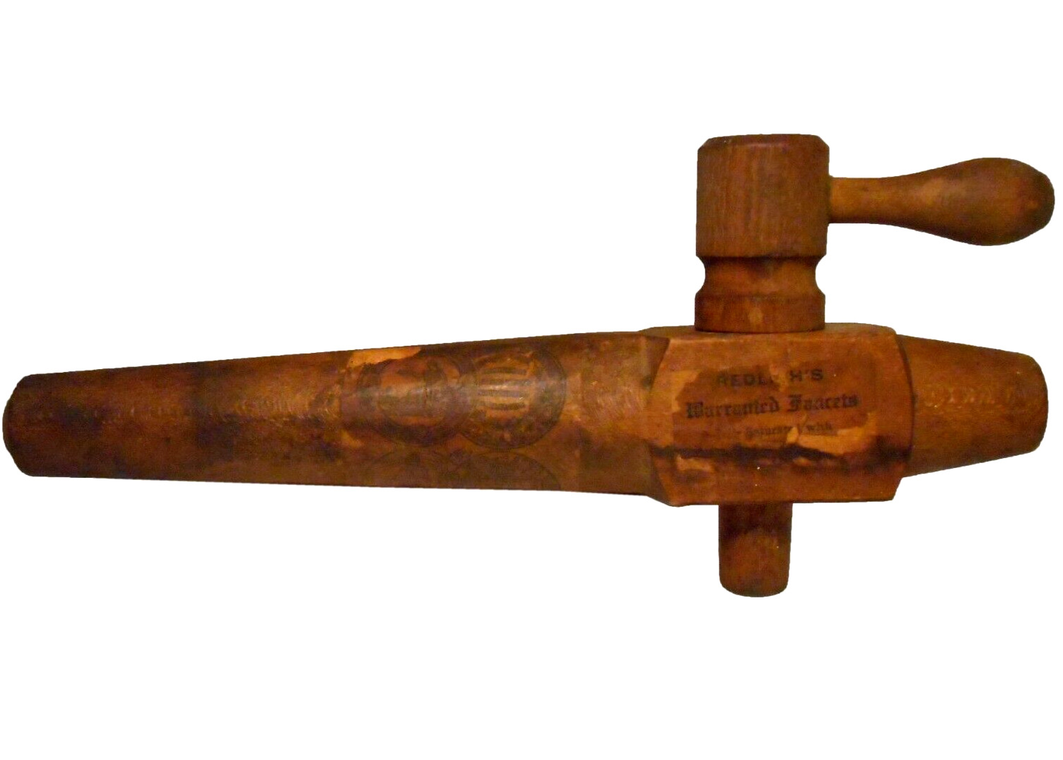 REDLICH\'S WARRANTED FAUCETS EARLY 20TH C ANTIQUE SGND BEER KEG WDN BUNG SPIGOT
