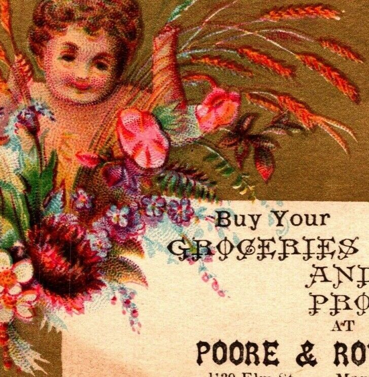 Manchester, NH. 1890's Victorian Trade Card Buy Your Groceries Poore & Rowell's