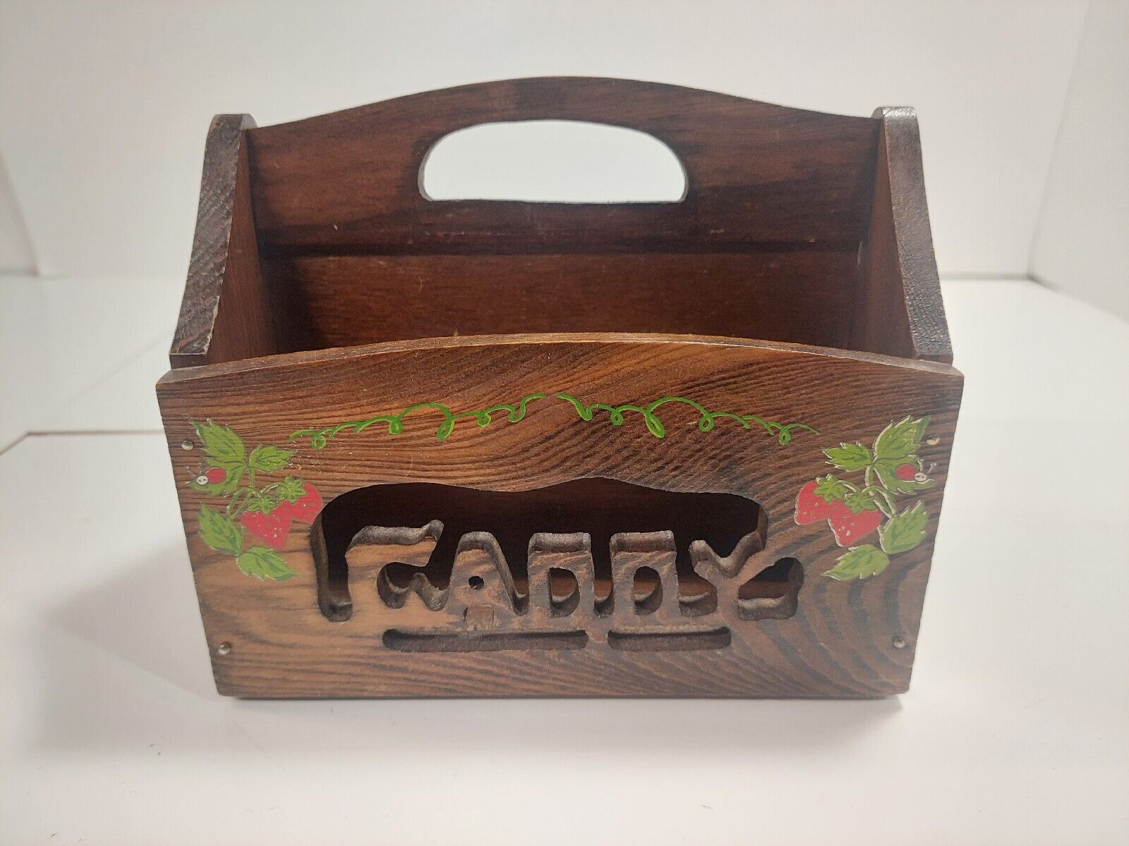Vintage Hand Painted Tableware Table Caddy Wood Strawberries Strawberry Carved