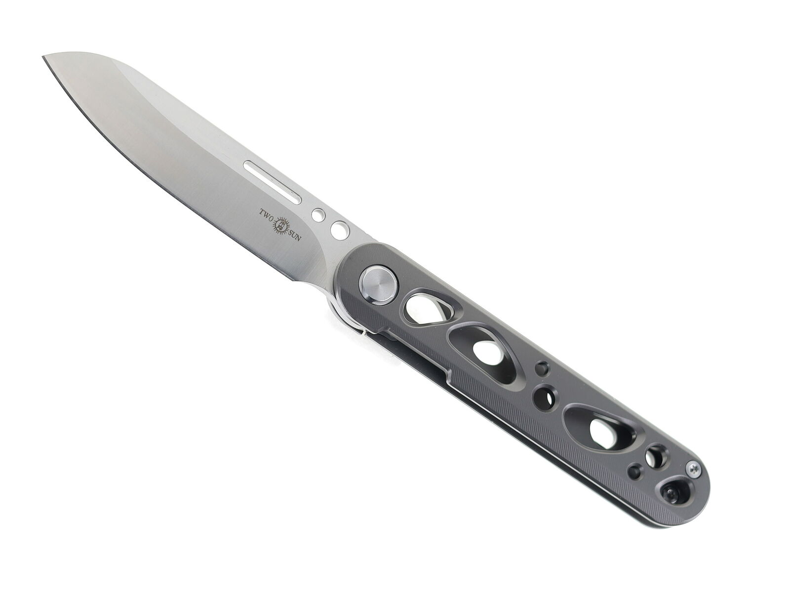 Two Sun Front Flipper Pocket Knife Black Titanium Handle D2 Plain Edge TS294