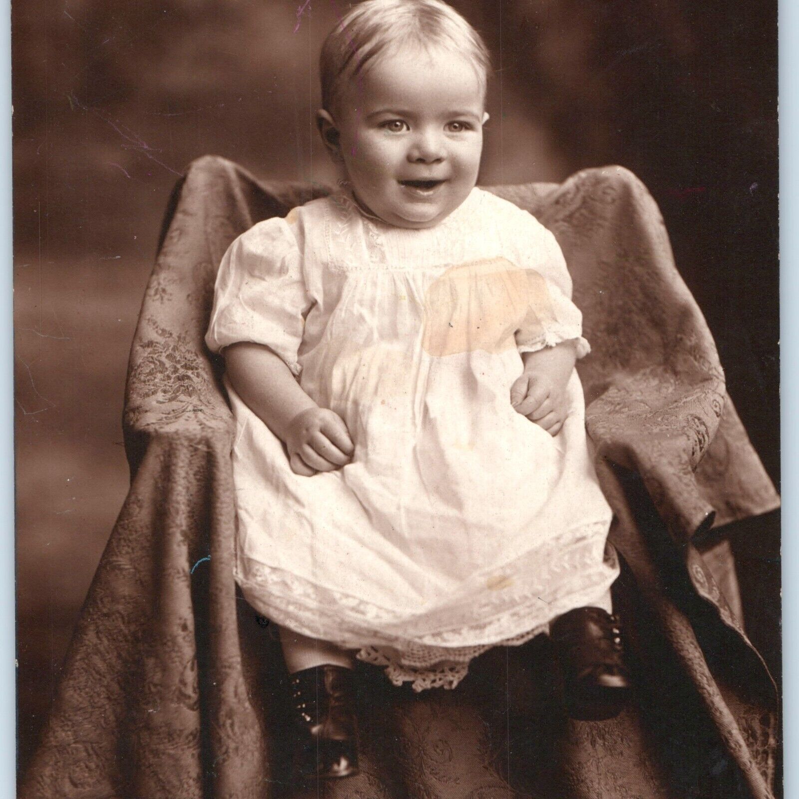 c1900s Cute Smiling Baby Photo Adorable Child Boy or Girl Dress Antique B9