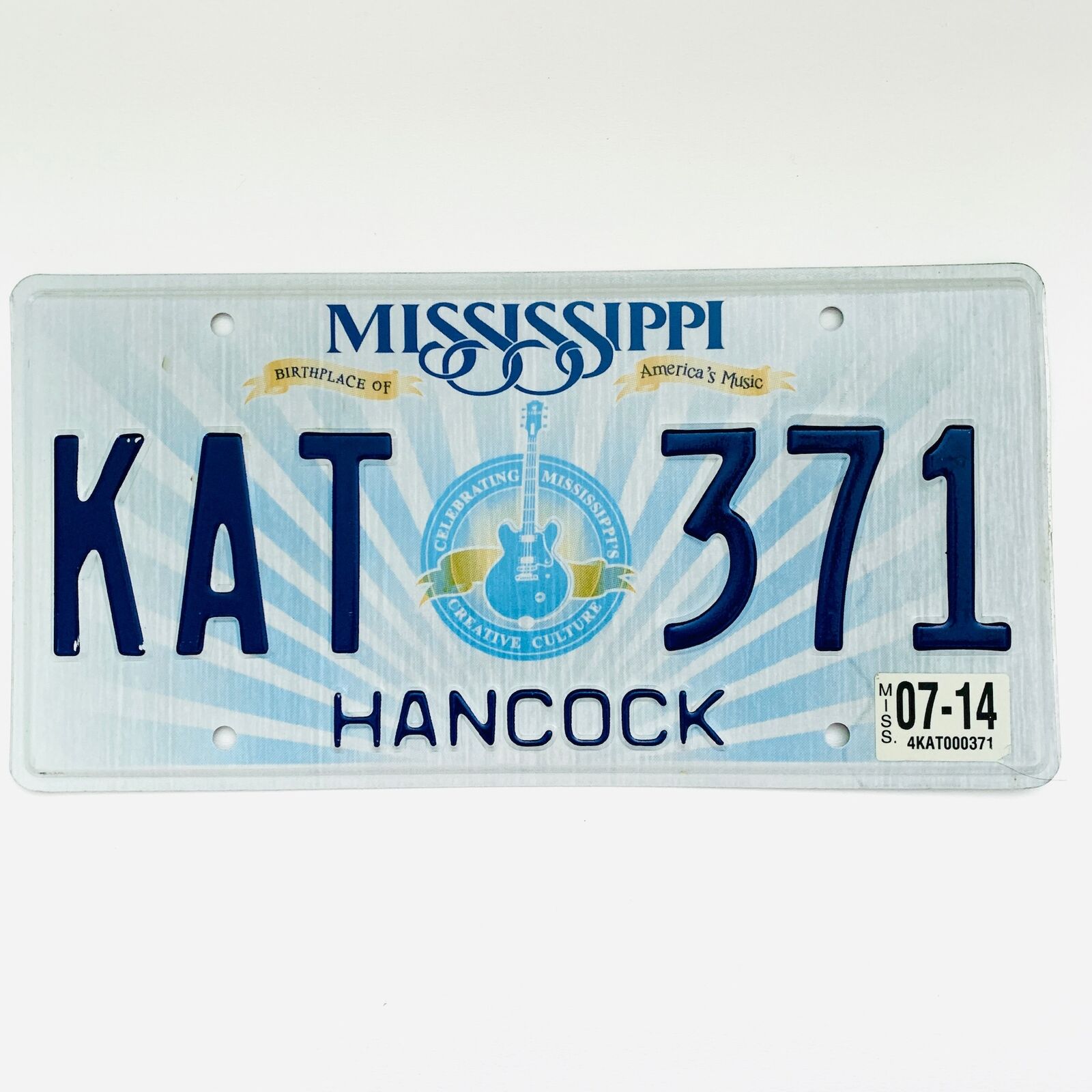 2014 United States Mississippi Hancock County Passenger License Plate KAT 371