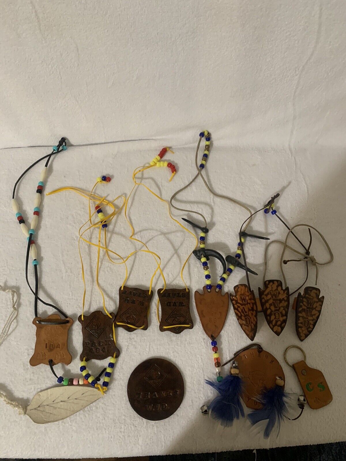 Vintage Lot Of BSA Leather Arrowhead Neckerchief Slides Necklaces Bearclaw Beads
