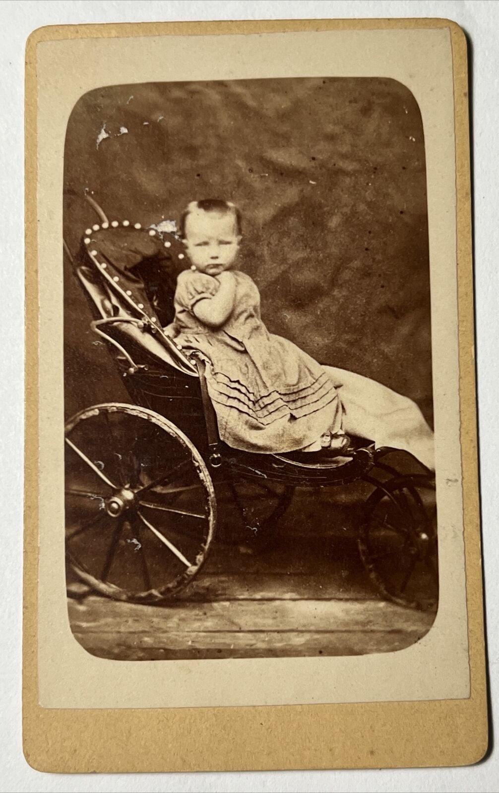 BABY in Fabulous 3 Wheeled Fancy PRAM Stroller 1870 CDV Carte de Visite Photo