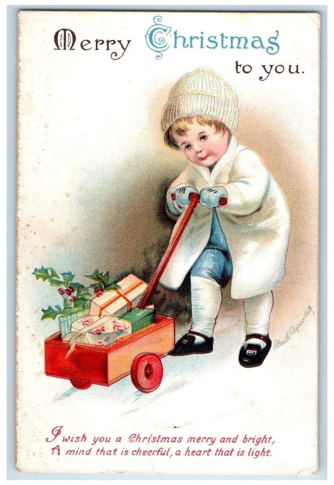 c1910\'s Christmas Boy Pushing Wagon Toys Ellen Clapsaddle Artist Signed Postcard