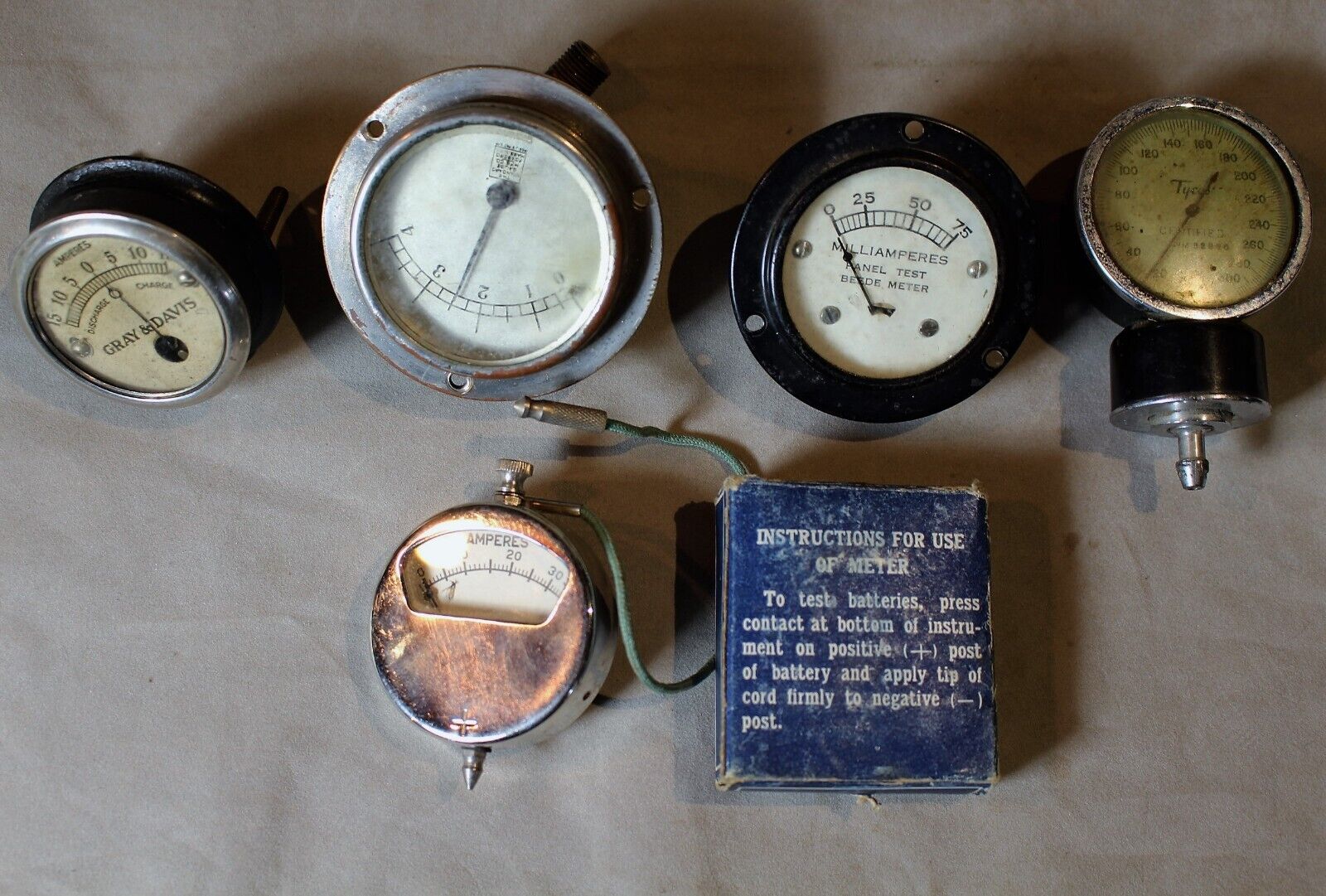 Five Antique Gauges (2 Pressure, 3 electrical) 1930's-1950's 