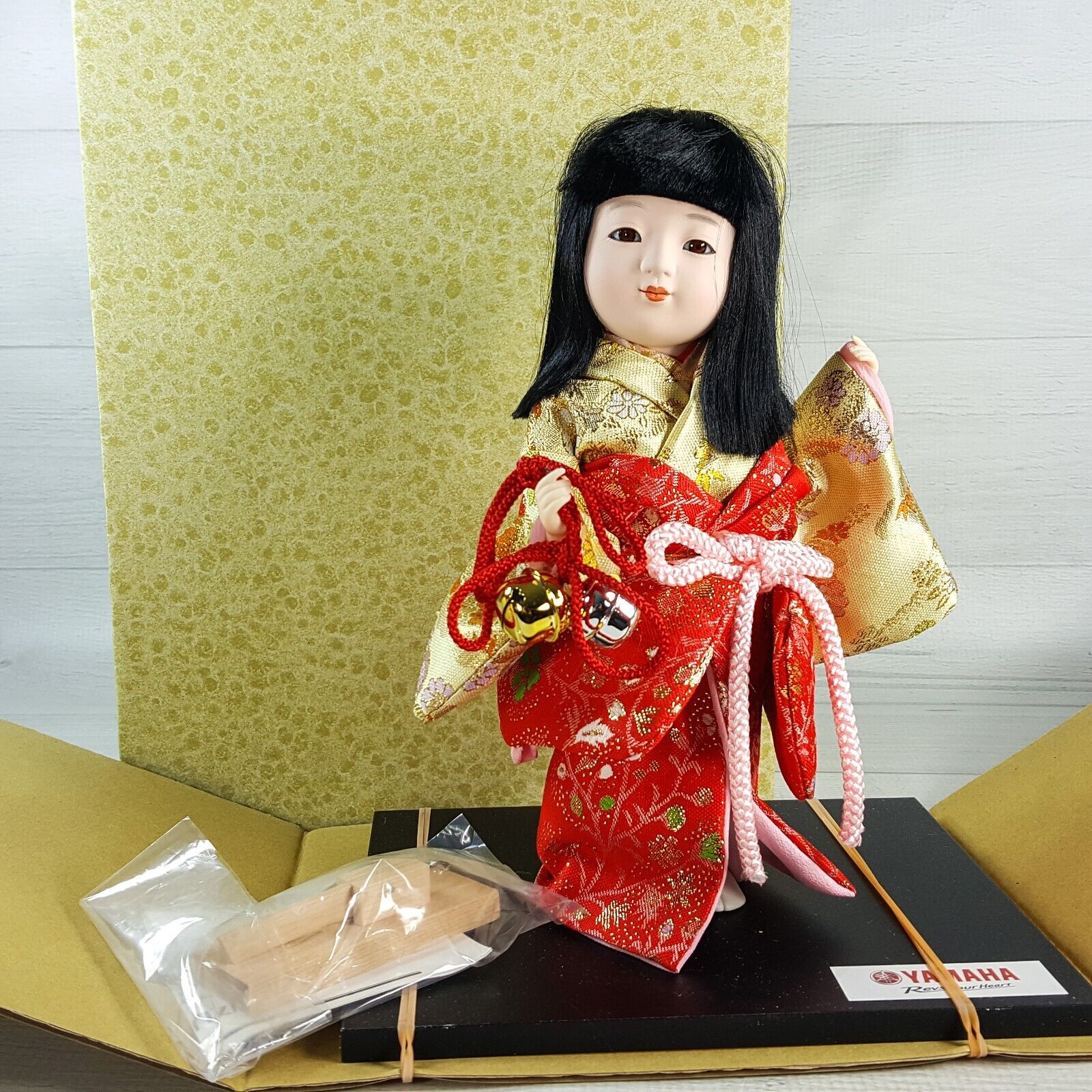 Yamaha Suzu Japanese Geisha Girl Brocade Kimono w Bells Mounted Doll Display NEW