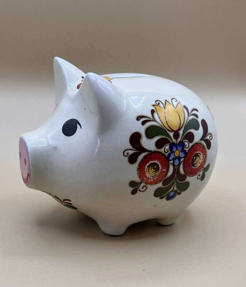 Vintage Reutter Porzellan Mini Piggy Bank Floral Hand Painted Flowers Germany 6”