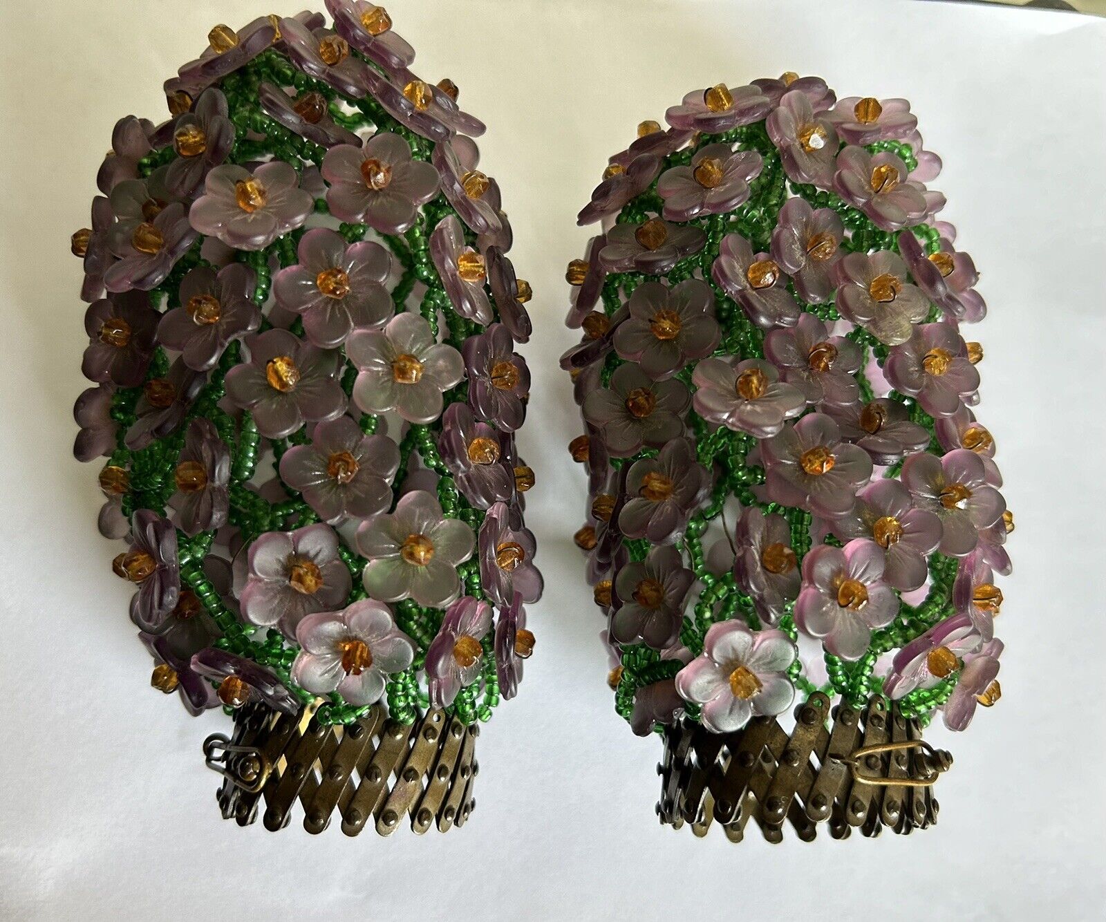 2 Antique Czech Glass Beaded Flower Bulb Covers Shades, Lamps Sold Separately