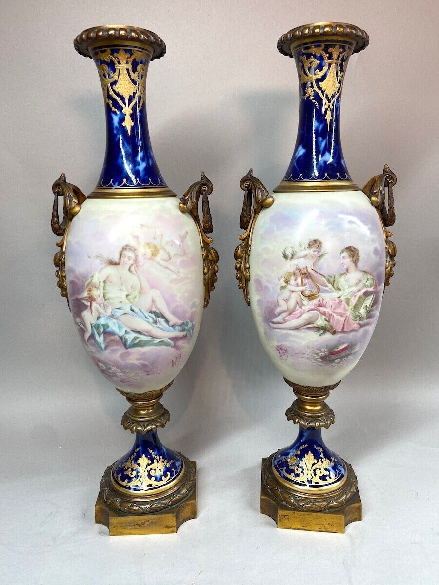 Pair of Large French Sevres Porcelain Vases - Mid 19th Century