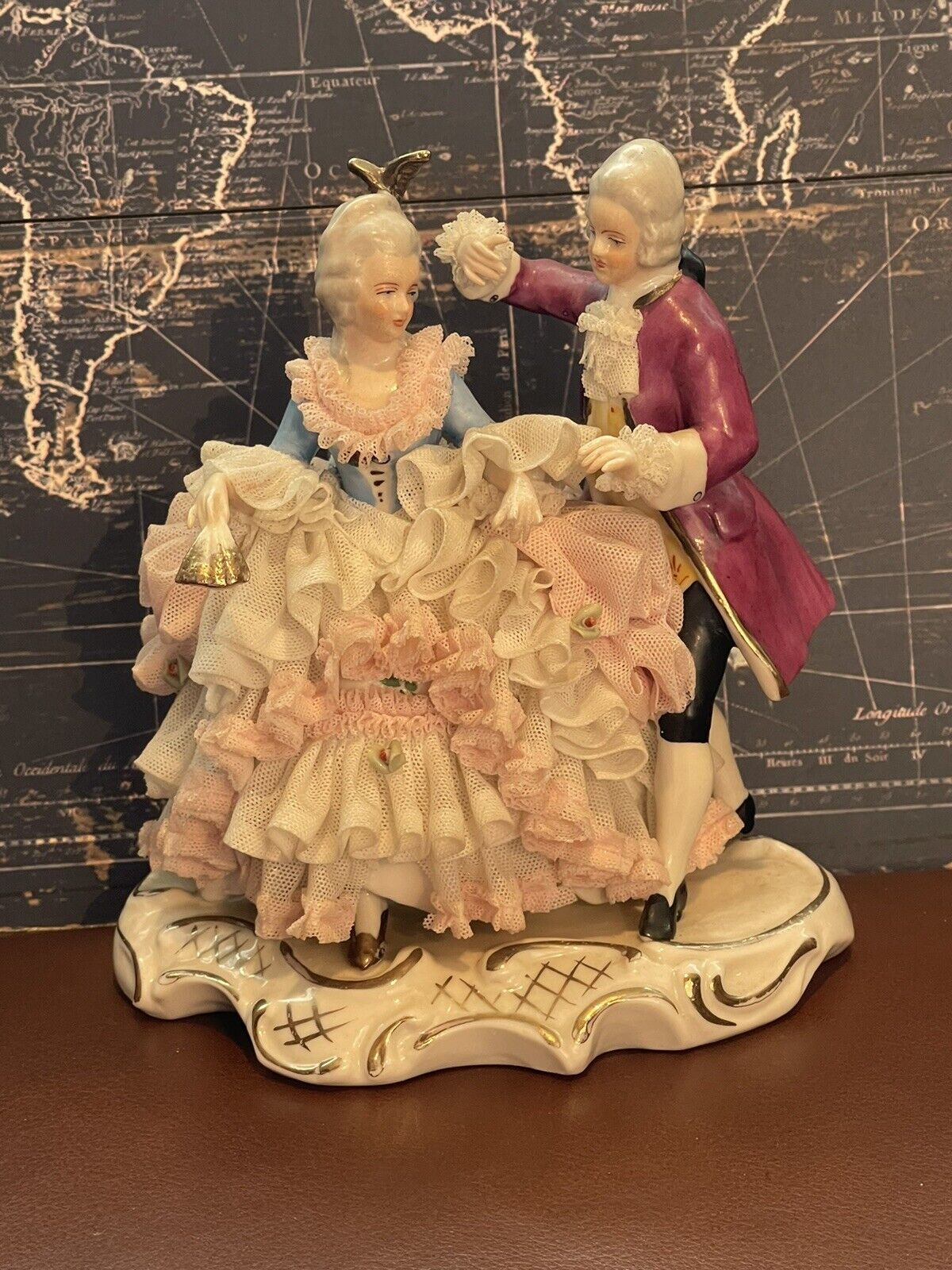 Dresden Art Figurine Dancing Couple - Victorian Lace pink Dress **see details