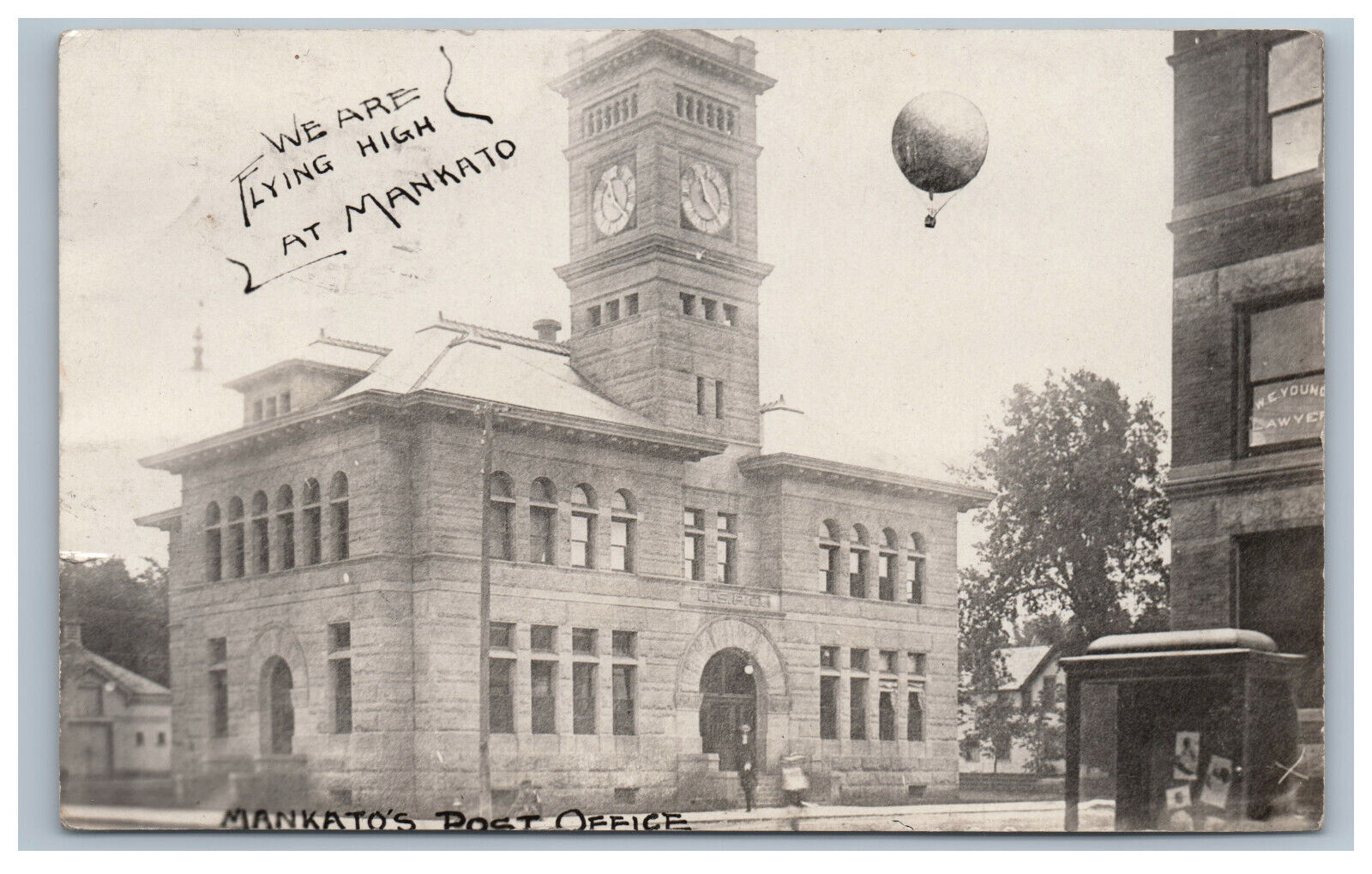 1909 Mankato MN Post Office Real Photo RPPC Postcard Hot Air Balloon Flying High