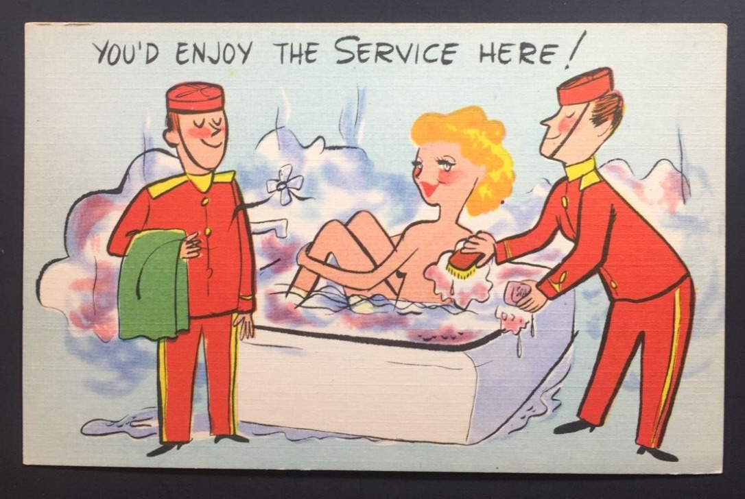 Sexy Lady in Hotel Bathtub Linen 1940 Vintage Comic Humor Postcard 1940\'s