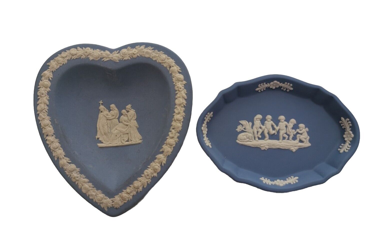 Pair Of 2 Unmatched Wedgwood Blue Jasperware Trinket Dishes 1 Heart 1 Oval Shape