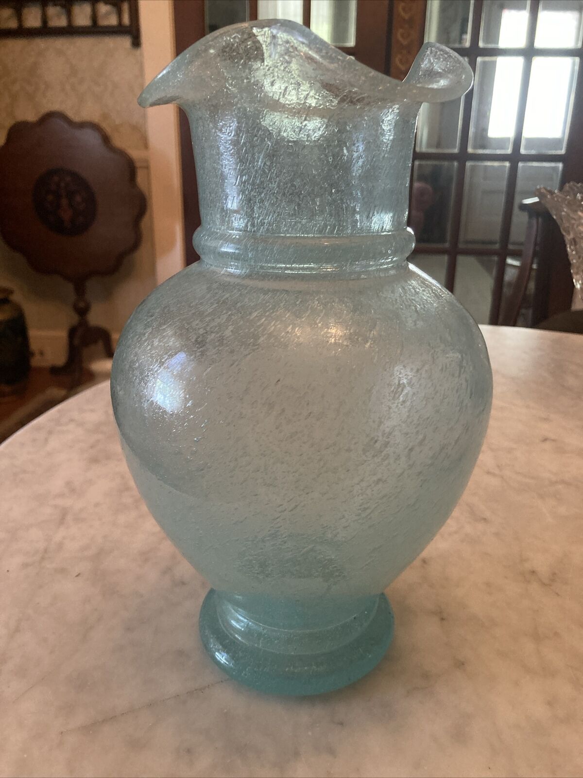 ANTIQUE Victorian BLUE OVERSHOT GLASS VASE 10.25” Tall Beautiful