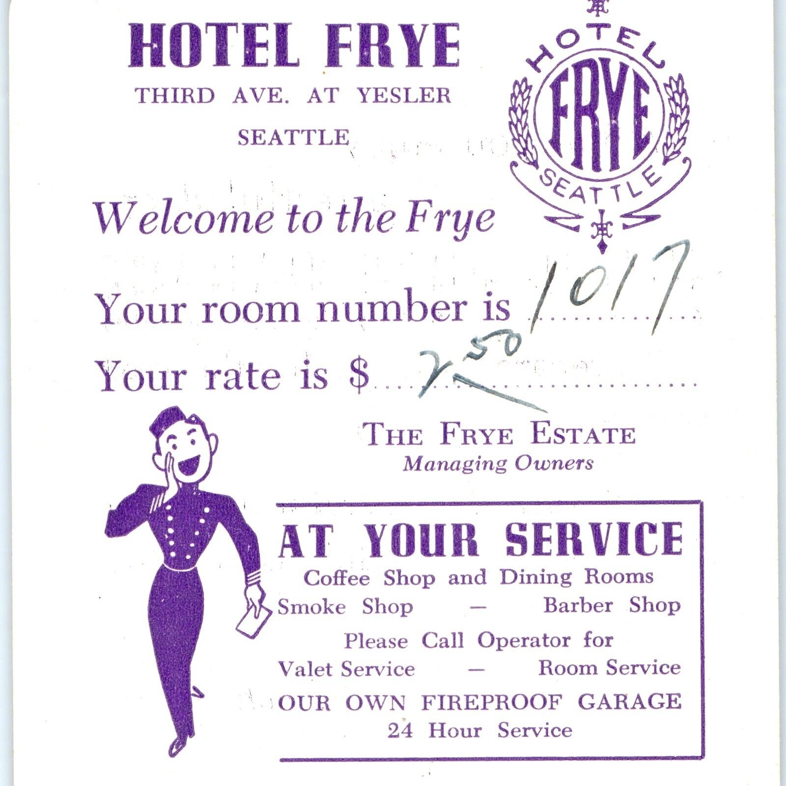 c1940s Seattle, WA Hotel Frye Welcome Card Room Number Cost Advertising Vtg C47