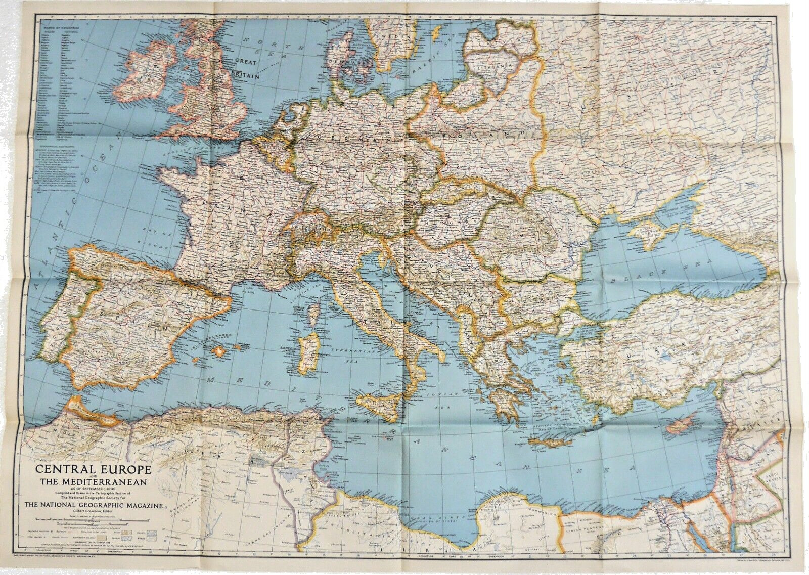 ⫸ 1939-10 October Map CENTRAL EUROPE & MEDITERRANEAN National Geographic - VTG#1