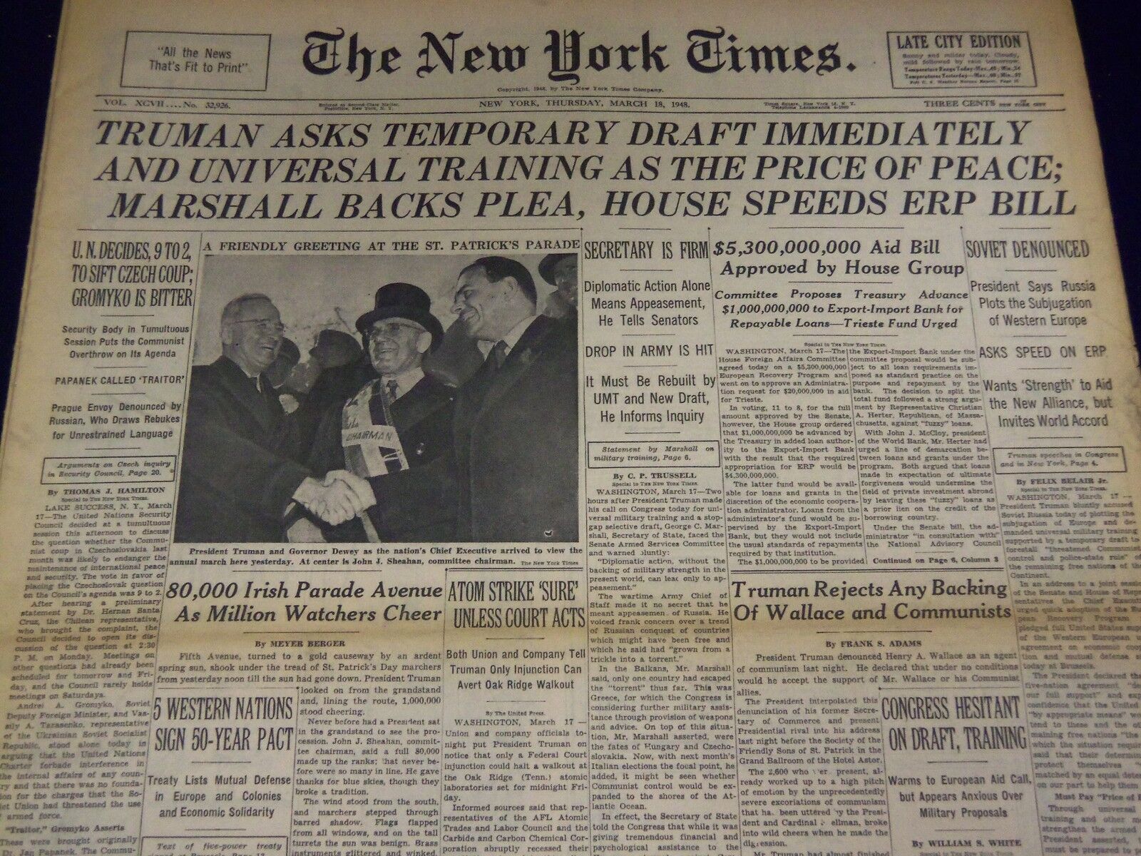1948 MARCH 18 NEW YORK TIMES - TRUMAN ASKS TEMPORARY DRAFT - NT 3382