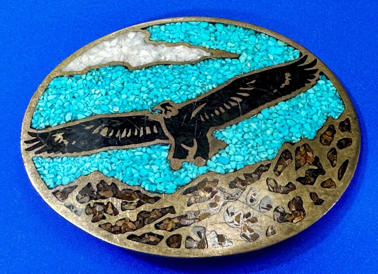 Flying Soaring Eagle with Turquoise Chip Inlay Vtg. 1981 Belt Buckle New Mexico