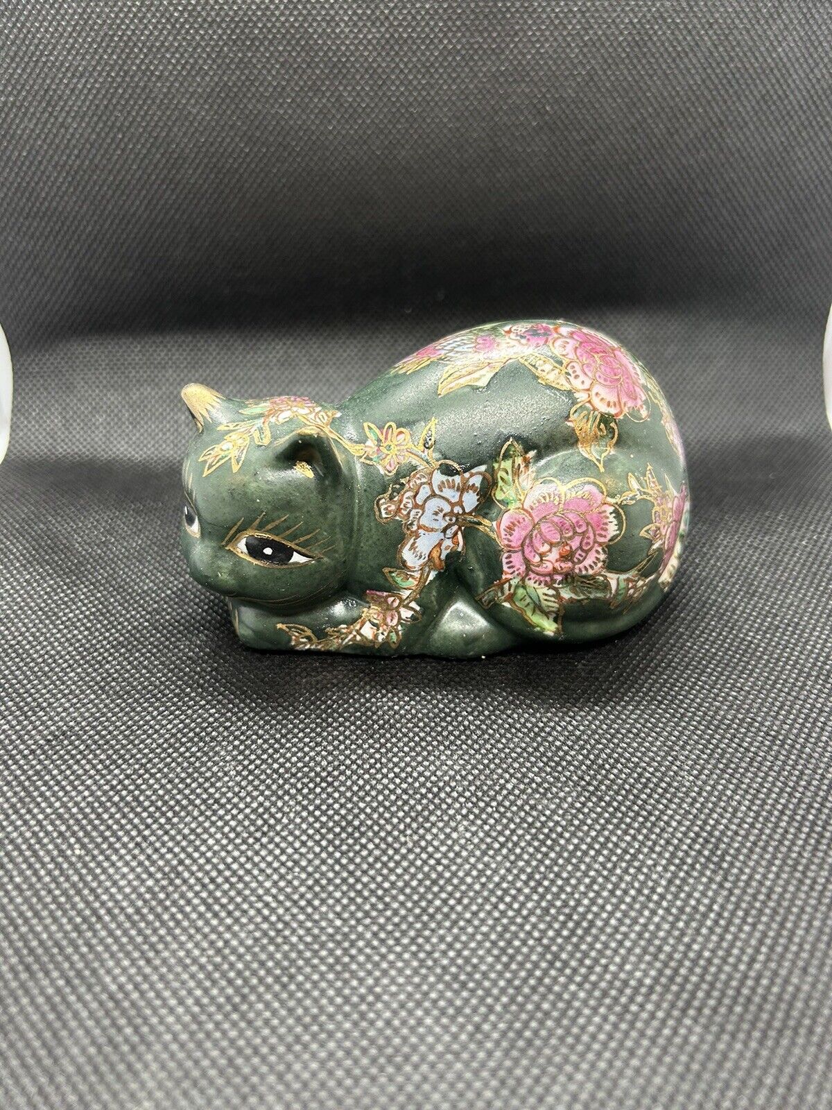 Vintage Porcelain Kitty Cat Figurine Cloisonne Painted Floral and Birds F & F